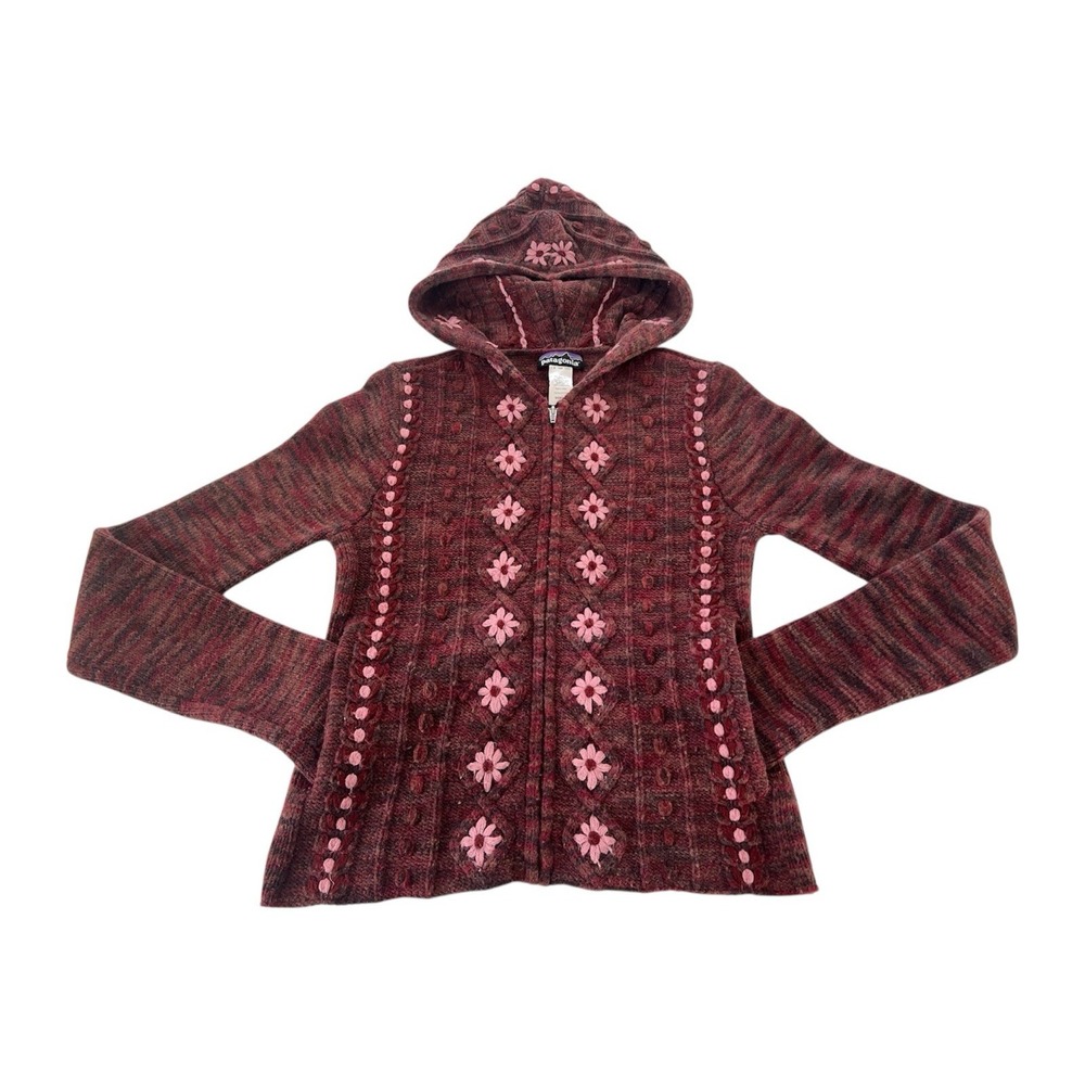 Patagonia Vintage Full Zip Hooded Sweater Hoodie Floral Embroidery Wool Blend XS